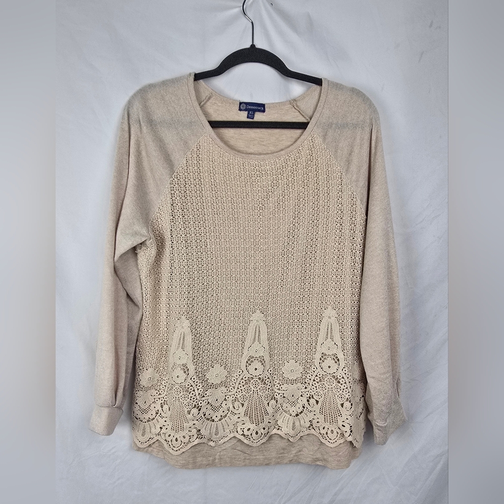 Democracy Boho Embroidered Oatmeal Minimalist Knit Long Sleeve Top sz XL